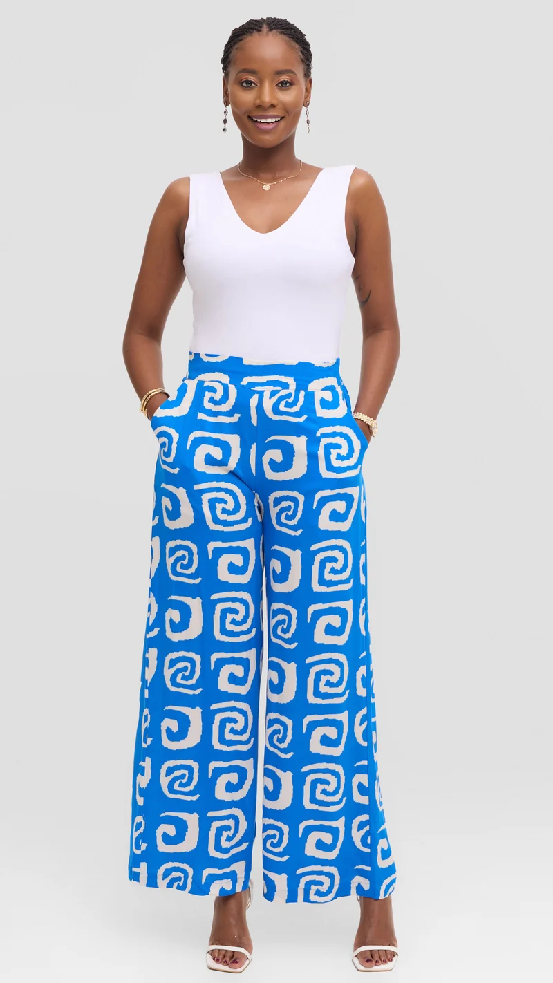 Vivo Samira Pants in Rayon - Blue / White Spiral Print