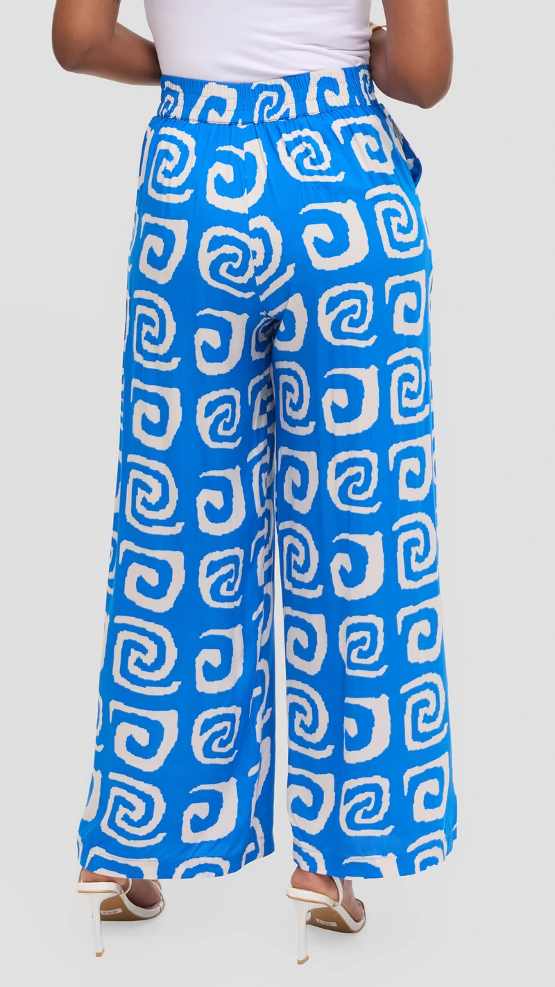 Vivo Samira Pants in Rayon - Blue / White Spiral Print