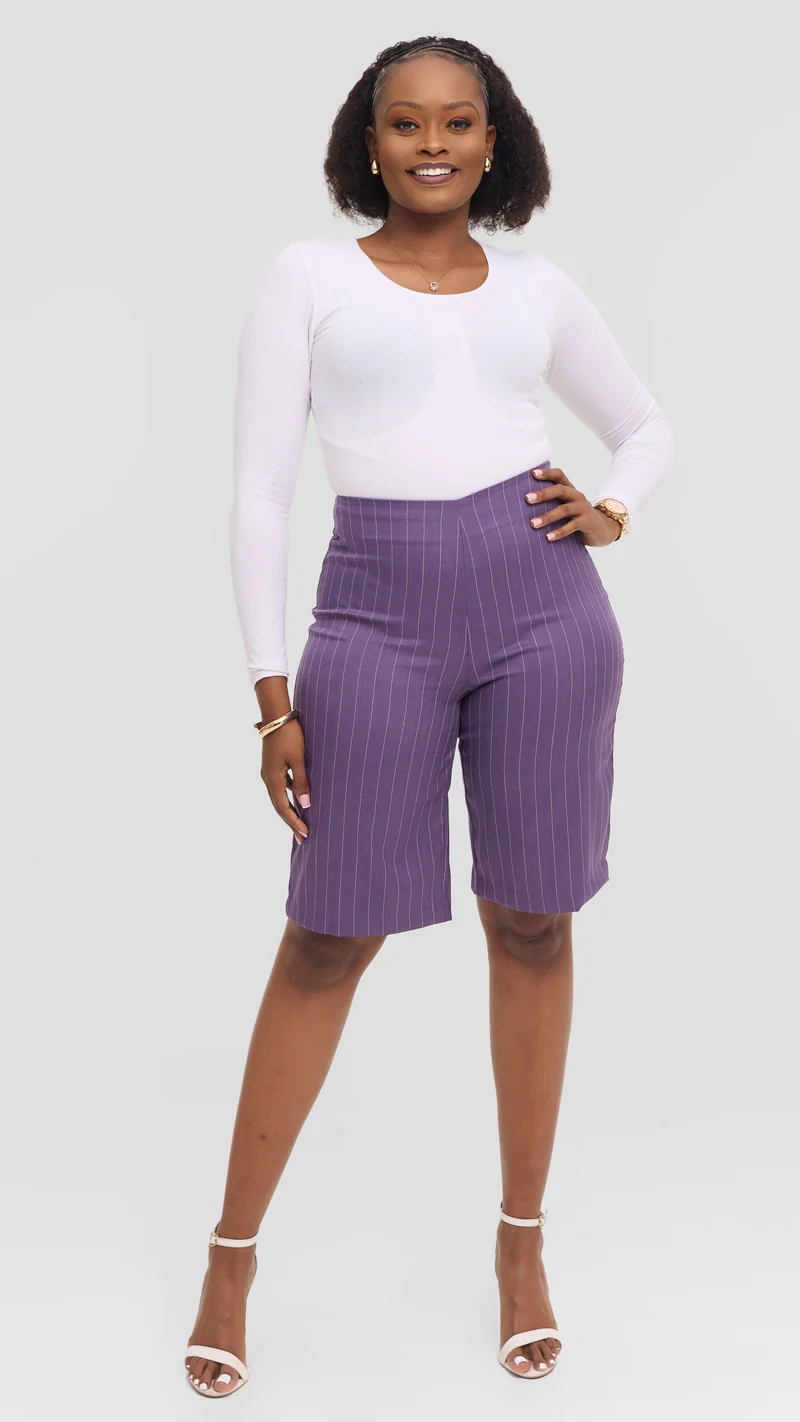 Vivo Studio Longline Shorts in Crepe - Lilac Stripes