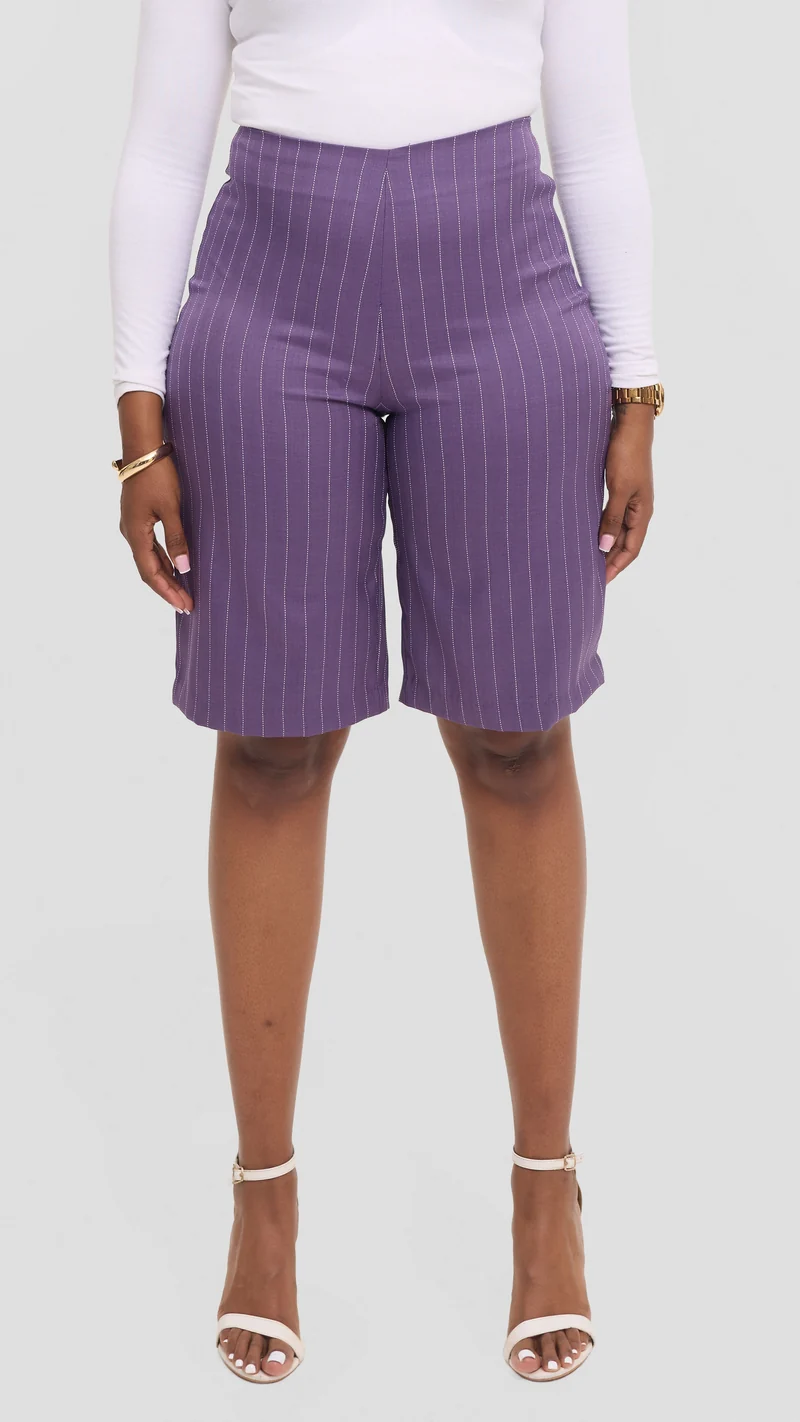 Vivo Studio Longline Shorts in Crepe - Lilac Stripes