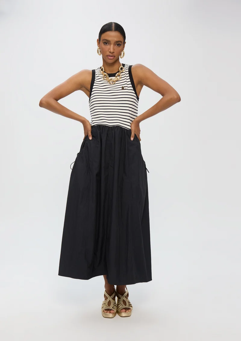 Robe midi bimatière à rayures