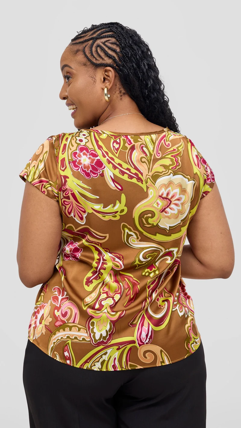 Vivo Basic Satin Cap Sleeve Top - Dark Tan / Lime Print