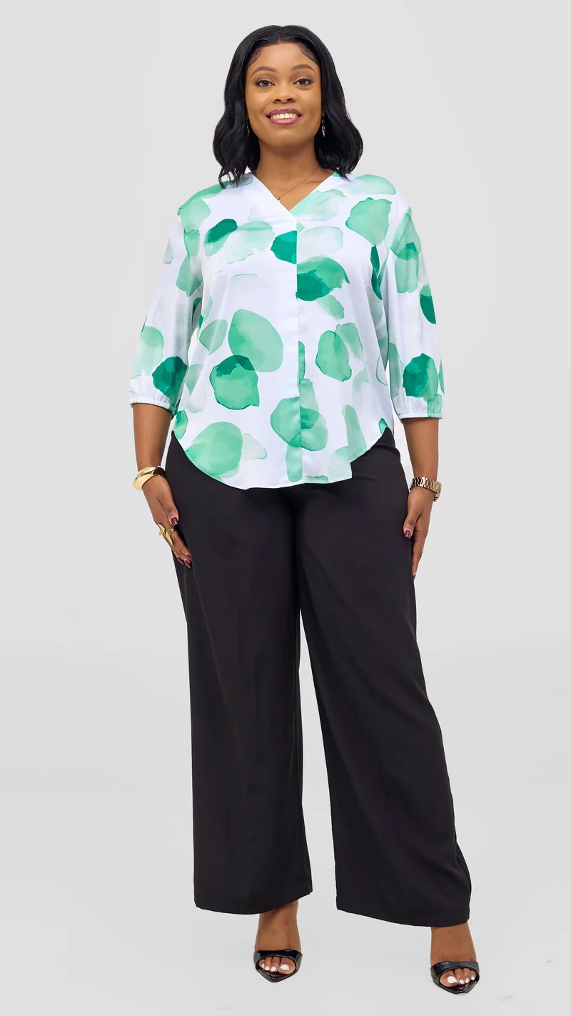 Vivo Dua 3/4 Sleeved V Neck Shirt - White / Green Arisi Print