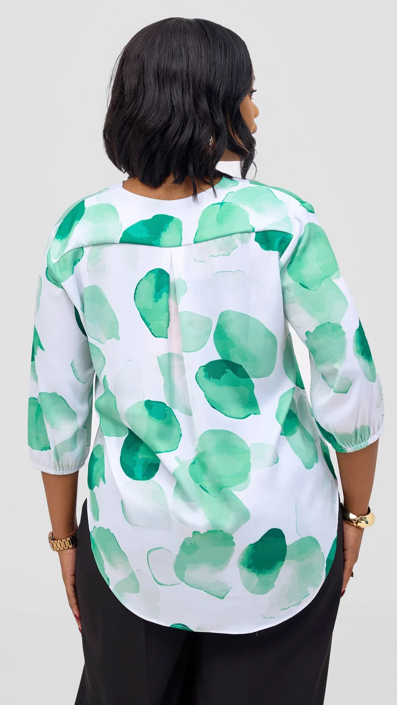 Vivo Dua 3/4 Sleeved V Neck Shirt - White / Green Arisi Print