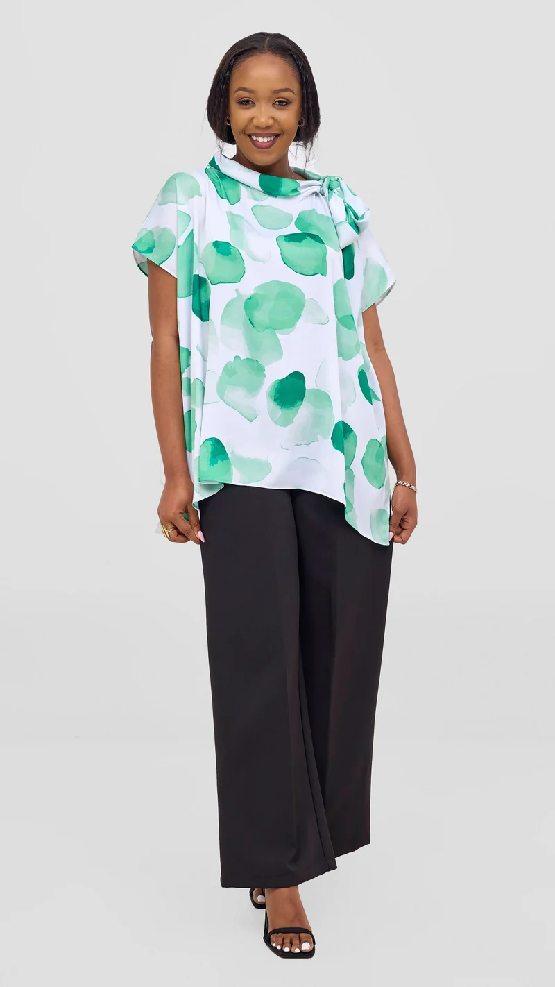 Vivo Takali Tunic Top in Textured Satin - White / Green Arisi Print