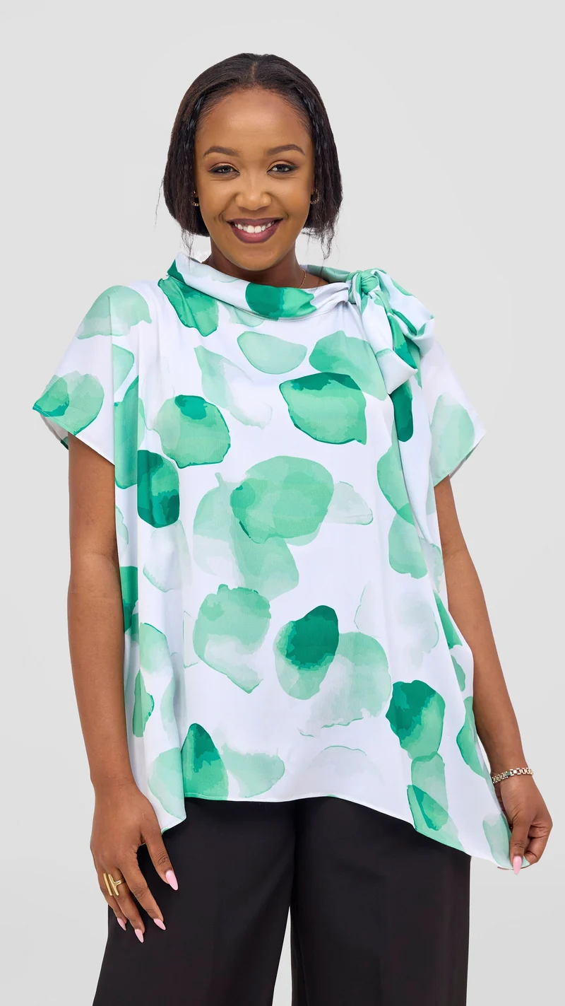 Vivo Takali Tunic Top in Textured Satin - White / Green Arisi Print
