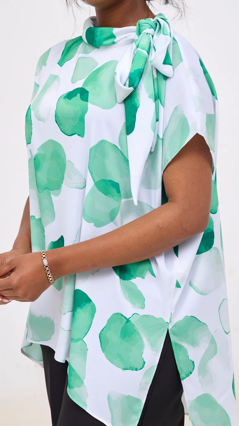Vivo Takali Tunic Top in Textured Satin - White / Green Arisi Print