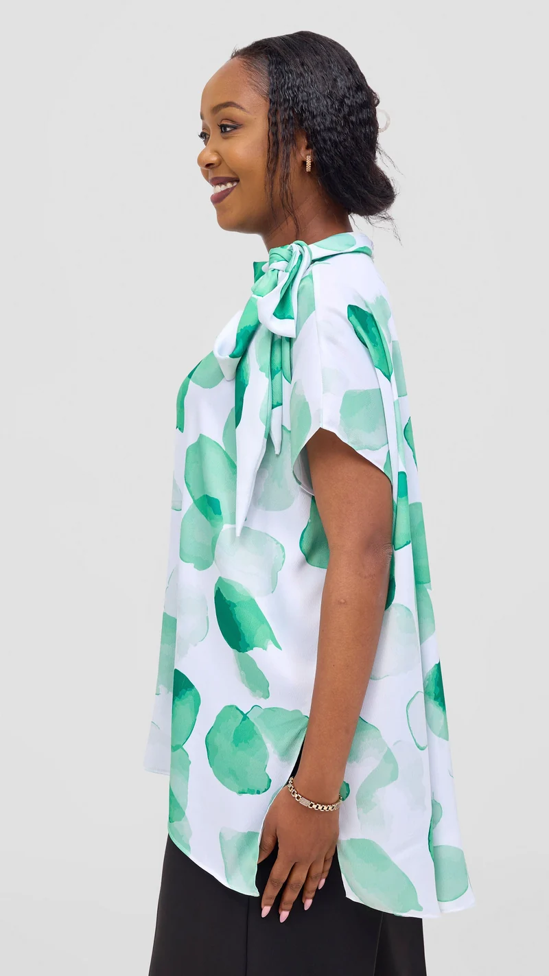Vivo Takali Tunic Top in Textured Satin - White / Green Arisi Print
