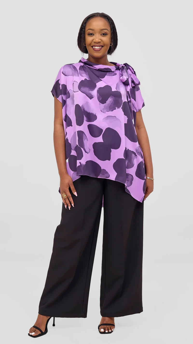 Vivo Takali Tunic Top in Textured Satin - Lilac / Eggplant Arisi Print