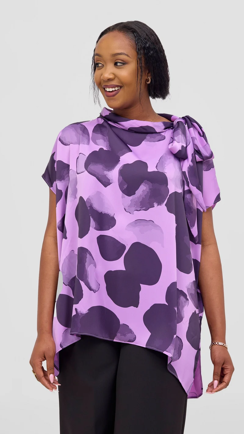 Vivo Takali Tunic Top in Textured Satin - Lilac / Eggplant Arisi Print