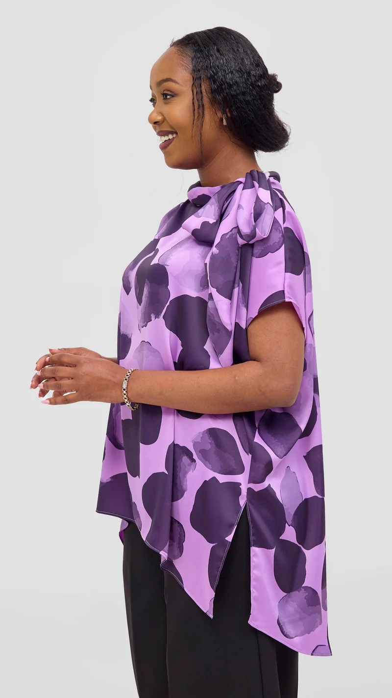 Vivo Takali Tunic Top in Textured Satin - Lilac / Eggplant Arisi Print