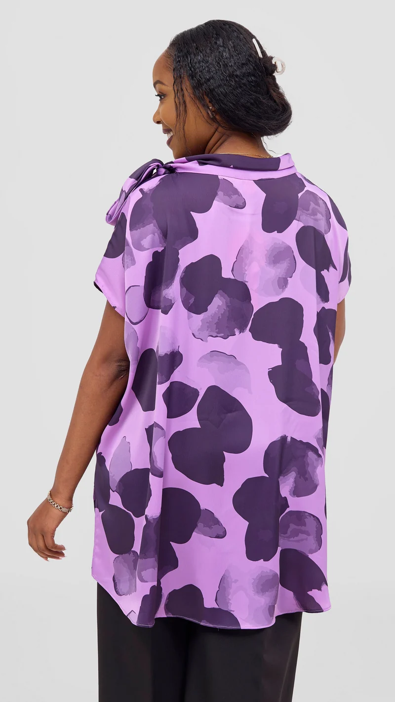 Vivo Takali Tunic Top in Textured Satin - Lilac / Eggplant Arisi Print