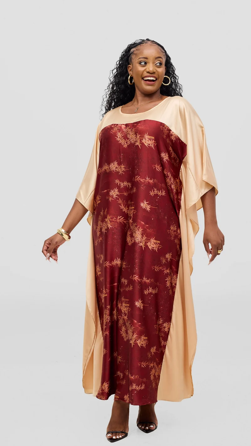 Vivo Keza Satin Border Maxi Kaftan - Maroon / Beige Print