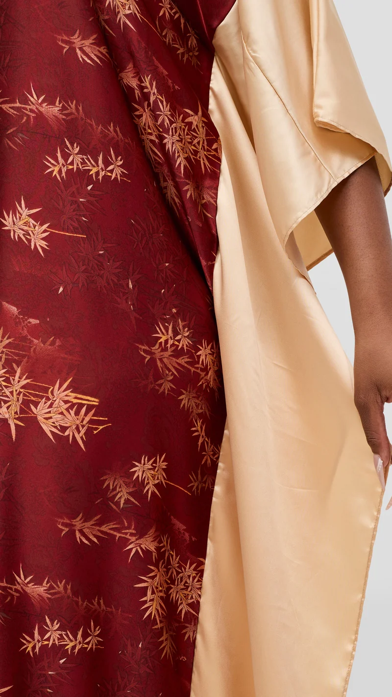 Vivo Keza Satin Border Maxi Kaftan - Maroon / Beige Print