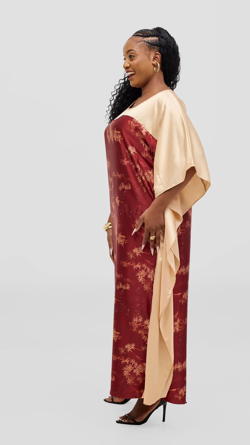 Vivo Keza Satin Border Maxi Kaftan - Maroon / Beige Print