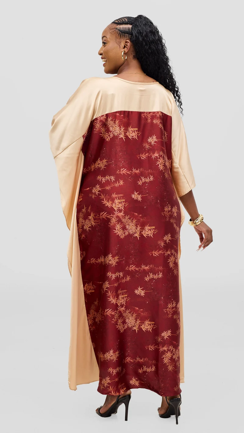 Vivo Keza Satin Border Maxi Kaftan - Maroon / Beige Print