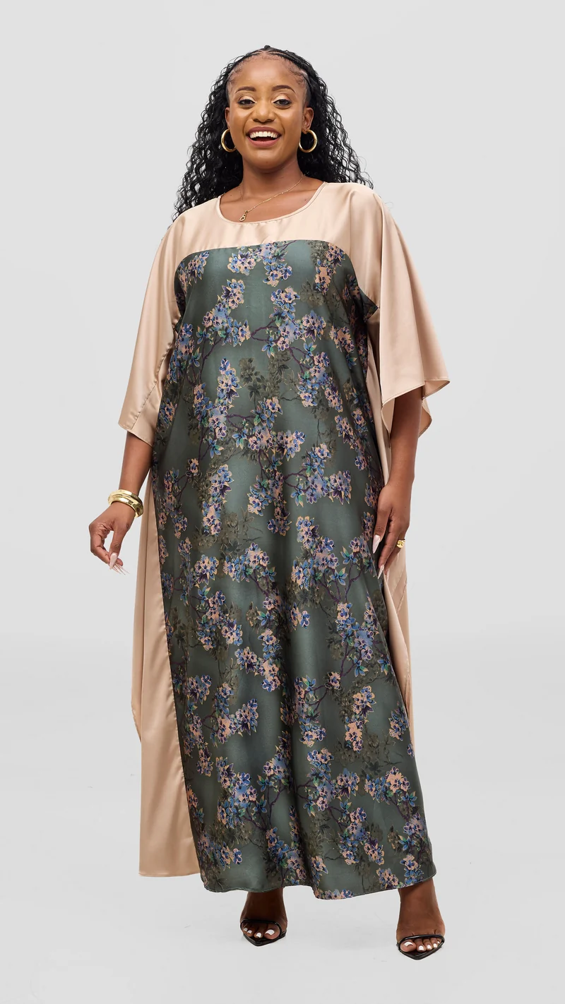 Vivo Keza Satin Border Maxi Kaftan - Dark Green / Purple Print