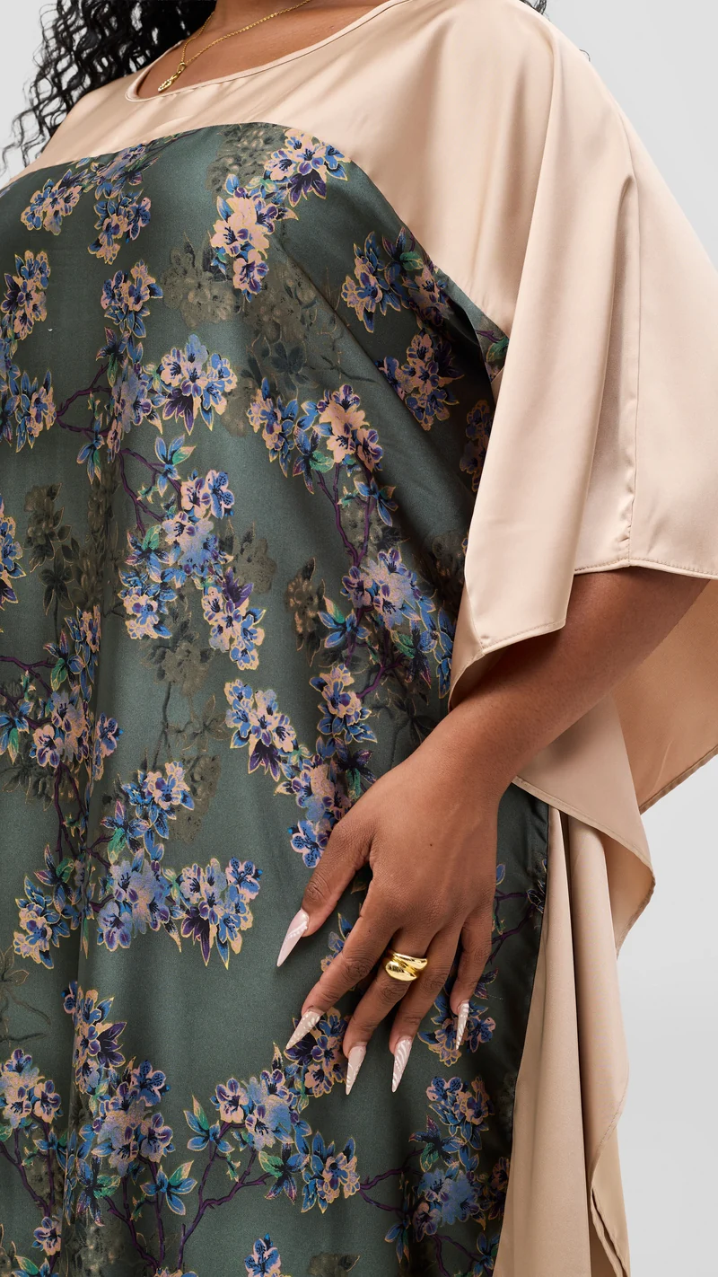 Vivo Keza Satin Border Maxi Kaftan - Dark Green / Purple Print