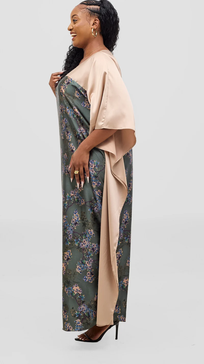Vivo Keza Satin Border Maxi Kaftan - Dark Green / Purple Print