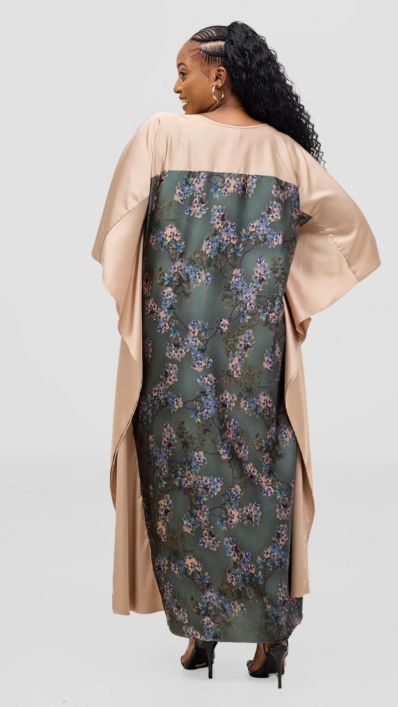 Vivo Keza Satin Border Maxi Kaftan - Dark Green / Purple Print