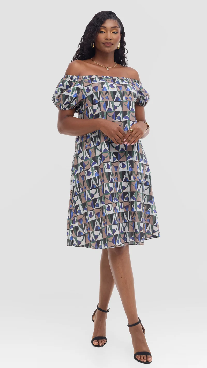 Vivo Off Shoulder Dress in Print Cotton - Beige Multicolor