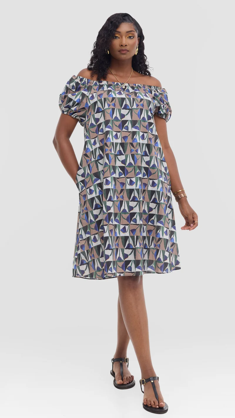 Vivo Off Shoulder Dress in Print Cotton - Beige Multicolor