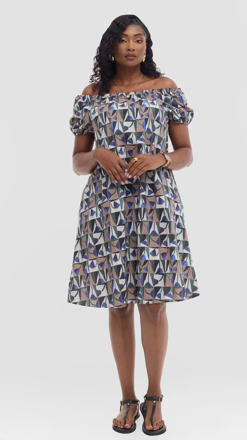 Vivo Off Shoulder Dress in Print Cotton - Beige Multicolor