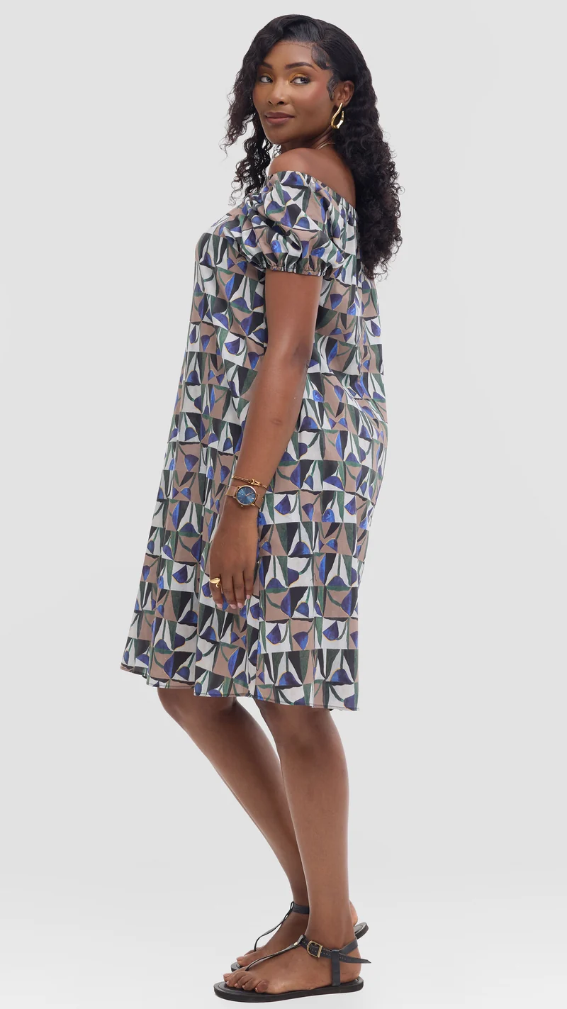 Vivo Off Shoulder Dress in Print Cotton - Beige Multicolor