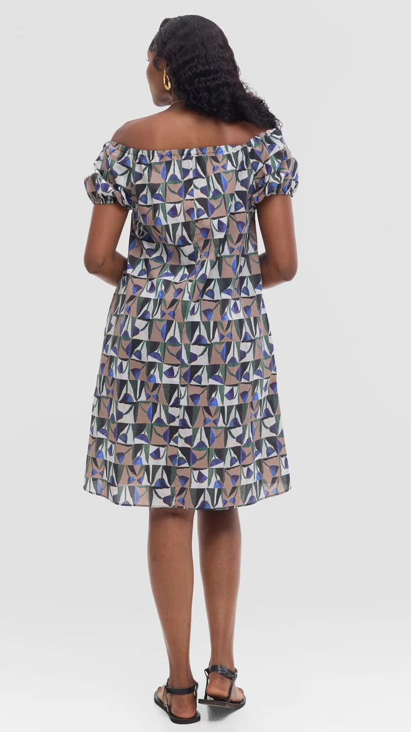 Vivo Off Shoulder Dress in Print Cotton - Beige Multicolor
