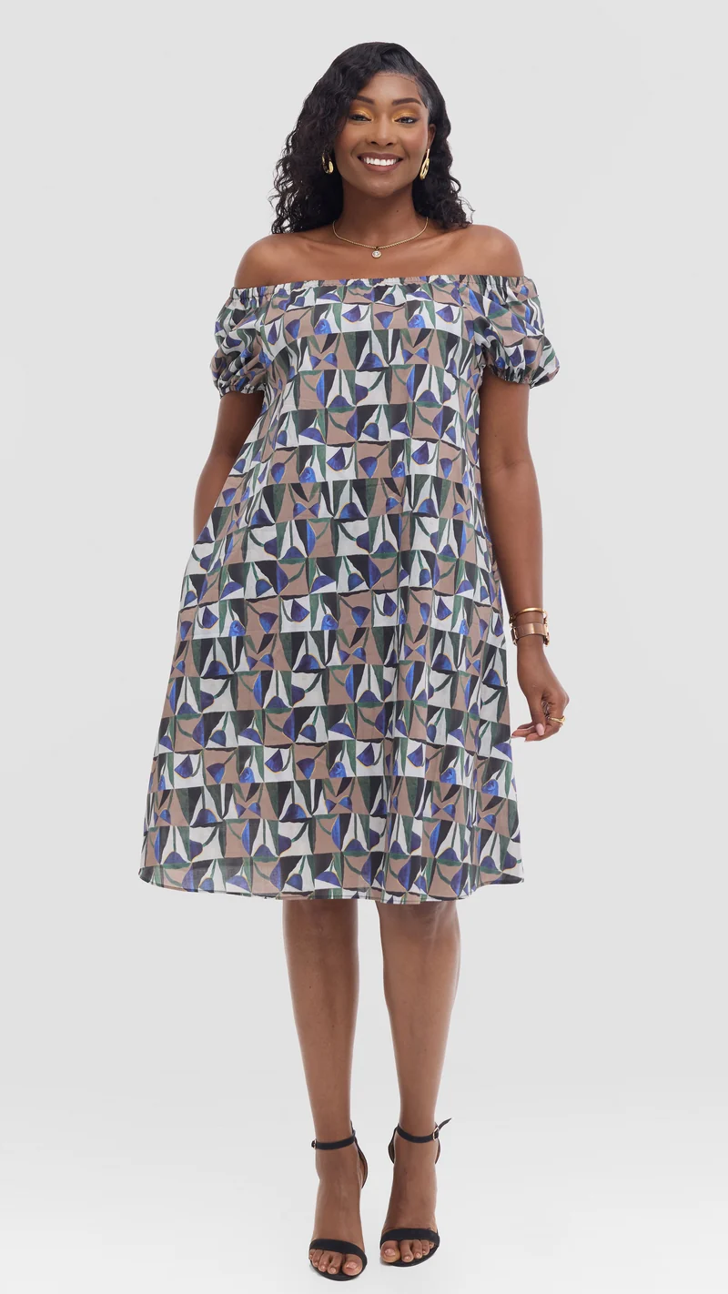 Vivo Off Shoulder Dress in Print Cotton - Beige Multicolor
