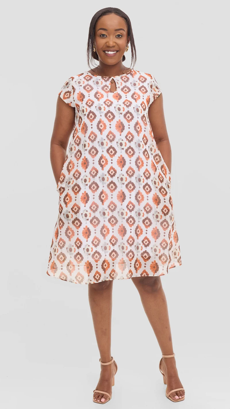 Vivo Sierra Cap Sleeve Tent Chiffon Dress - Rust Textured Print