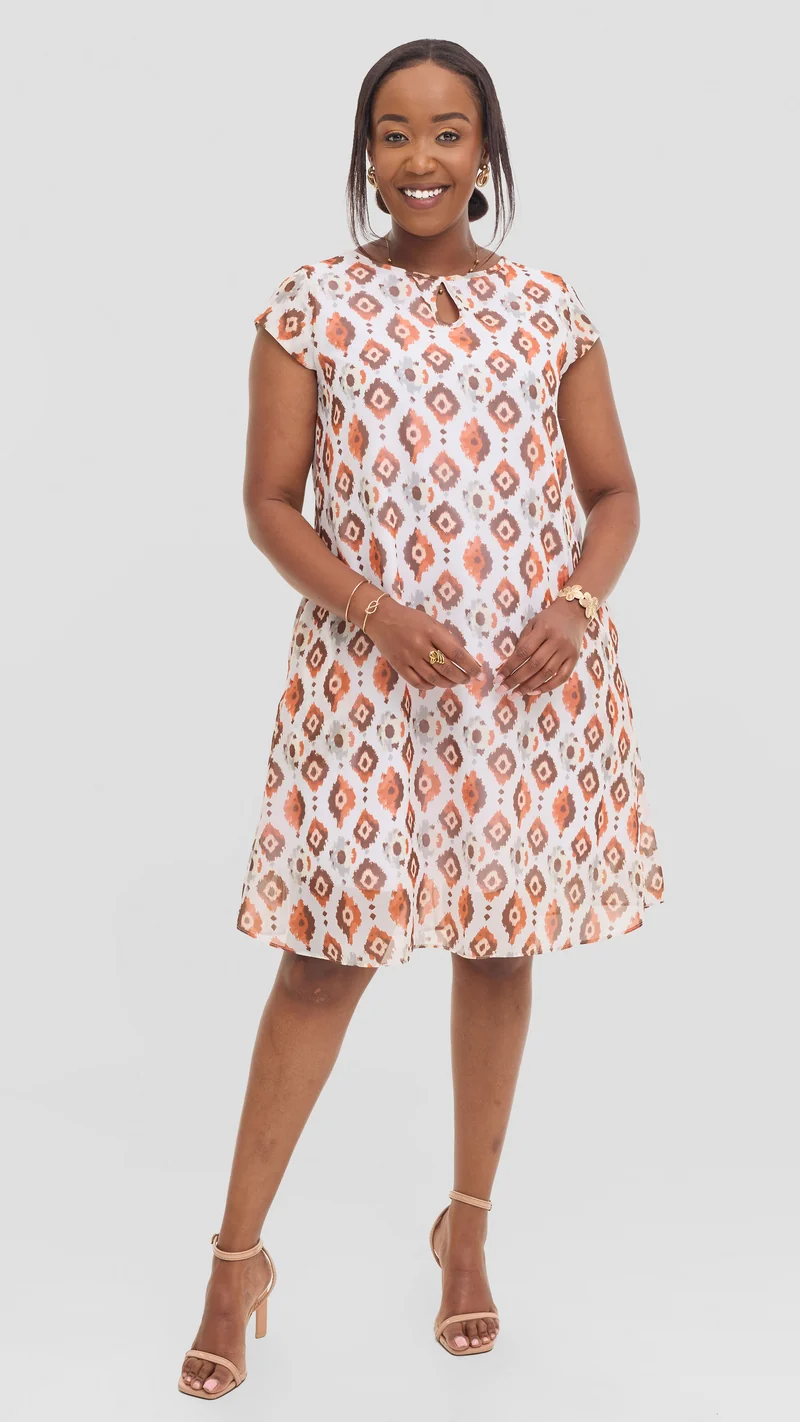 Vivo Sierra Cap Sleeve Tent Chiffon Dress - Rust Textured Print