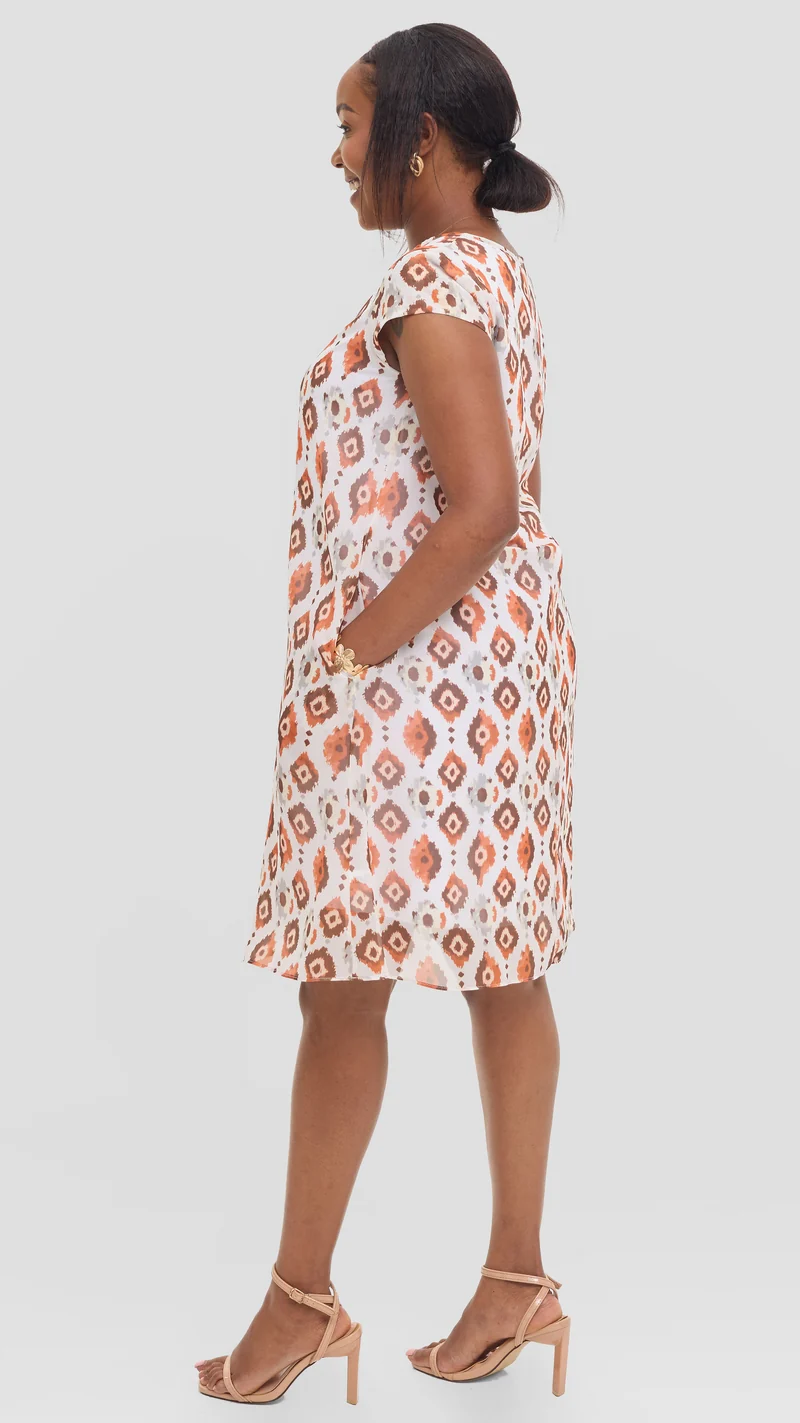 Vivo Sierra Cap Sleeve Tent Chiffon Dress - Rust Textured Print