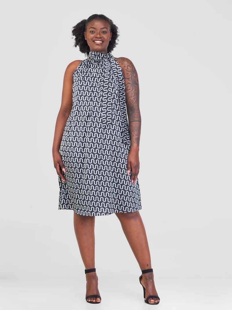 Vivo Jamila Halter Neck Knee Length Dress - Black / White Geometric Print