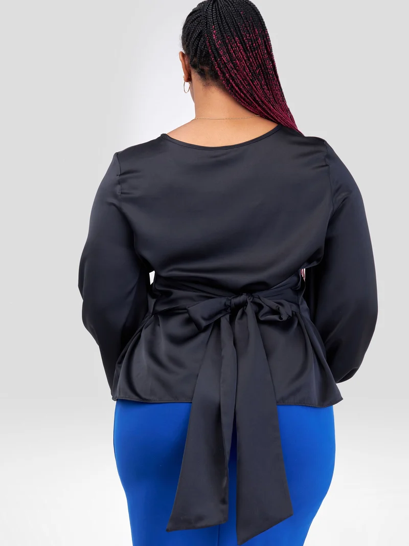 Vivo Izzy Satin Bishop Sleeve Top - Black