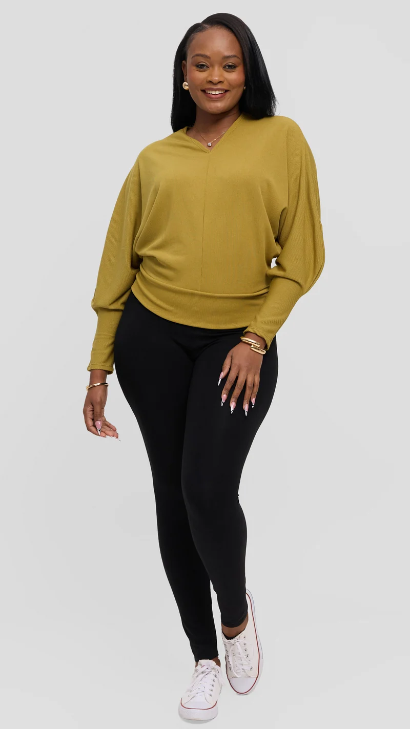 Vivo Tanda V-Neck Top in Stretch Rib - Olive