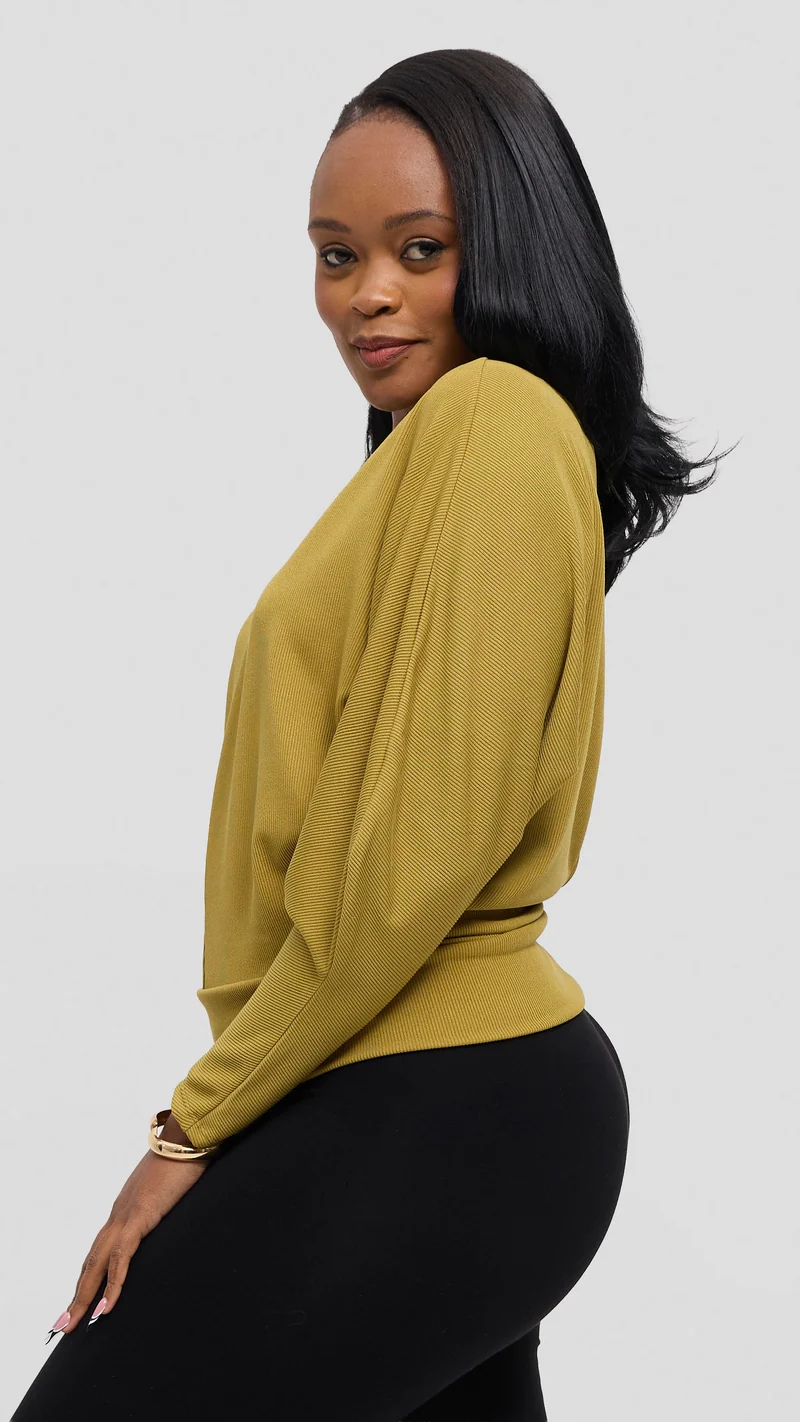 Vivo Tanda V-Neck Top in Stretch Rib - Olive