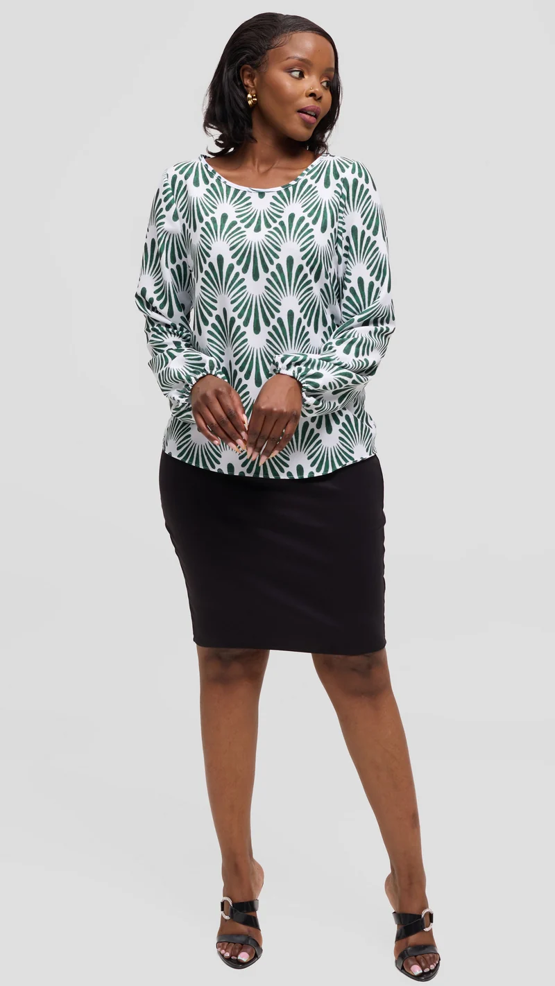 Vivo Basic Bishop Sleeve Top in Crepe - White / Dark Green Witu Print
