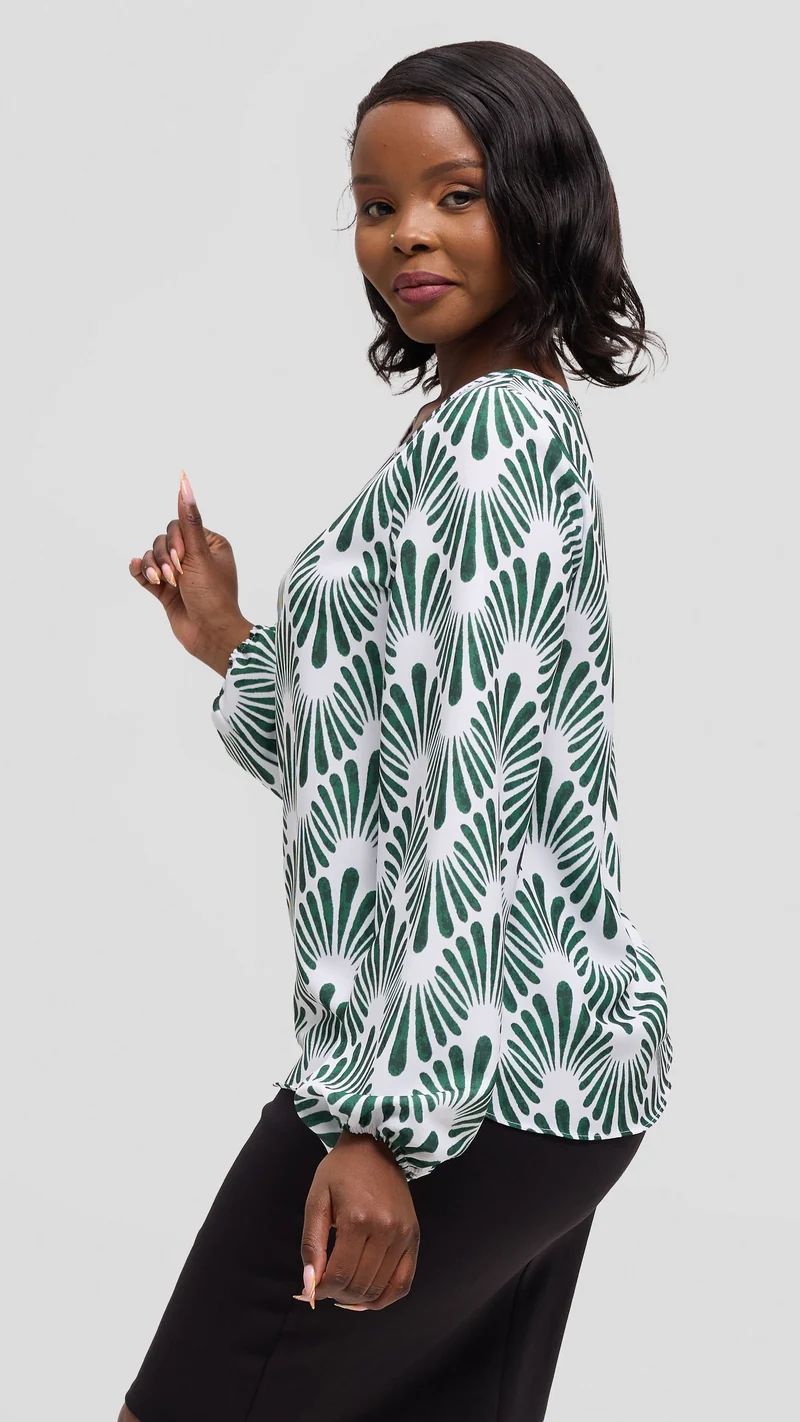 Vivo Basic Bishop Sleeve Top in Crepe - White / Dark Green Witu Print
