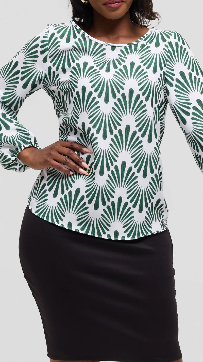 Vivo Basic Bishop Sleeve Top in Crepe - White / Dark Green Witu Print