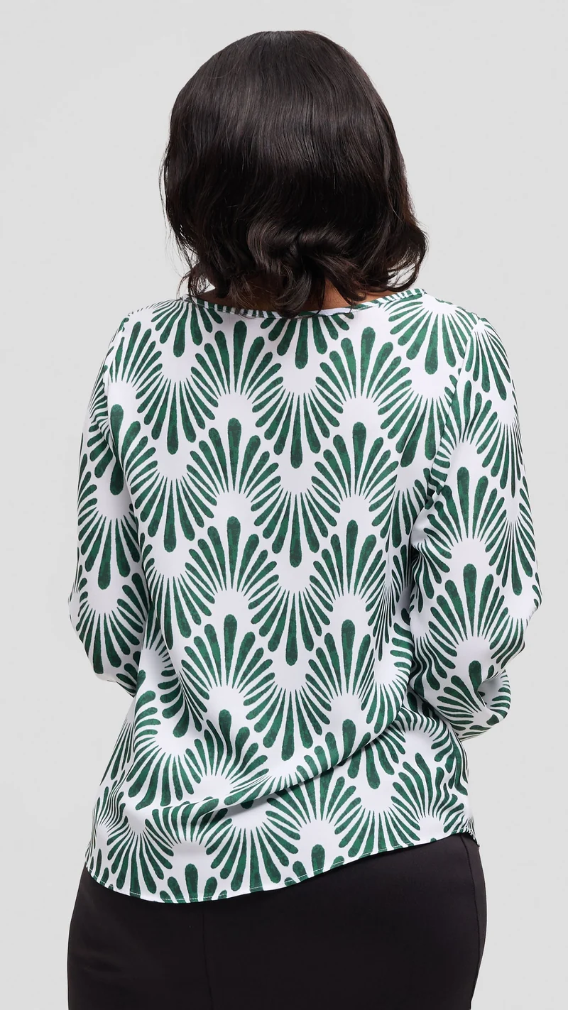 Vivo Basic Bishop Sleeve Top in Crepe - White / Dark Green Witu Print