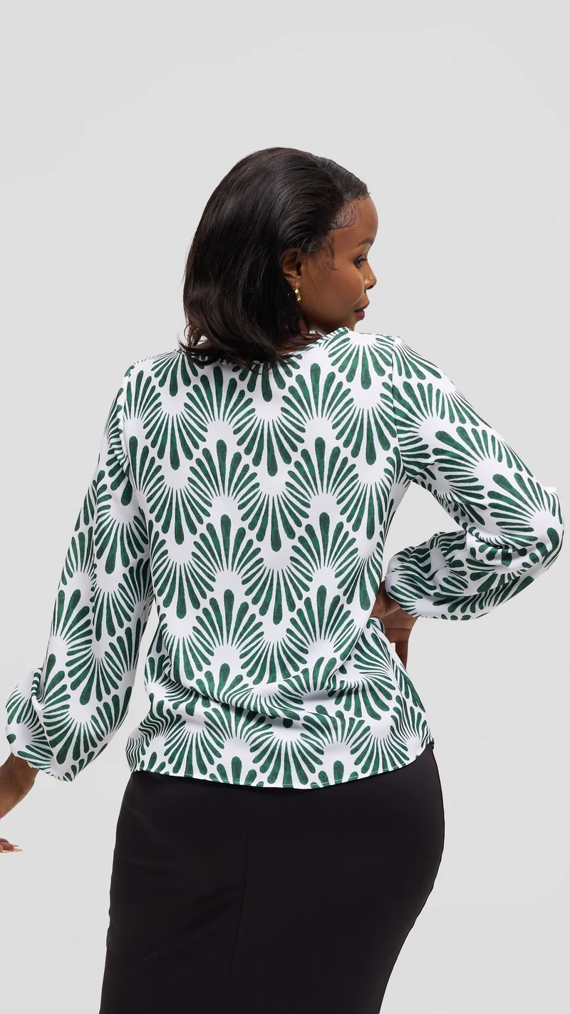 Vivo Basic Bishop Sleeve Top in Crepe - White / Dark Green Witu Print