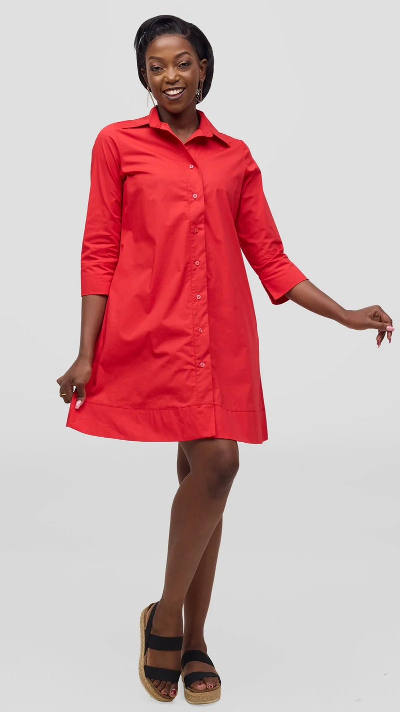 Vivo Lulu Wide Hem Tent Dress In Cotton - Red