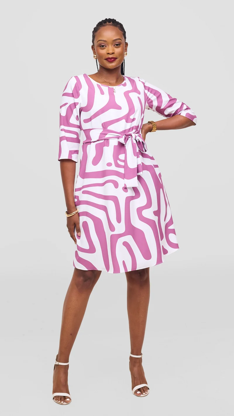 Vivo Laika 3/4 Sleeve Tent Dress - White / Dusty Pink Tamra Print