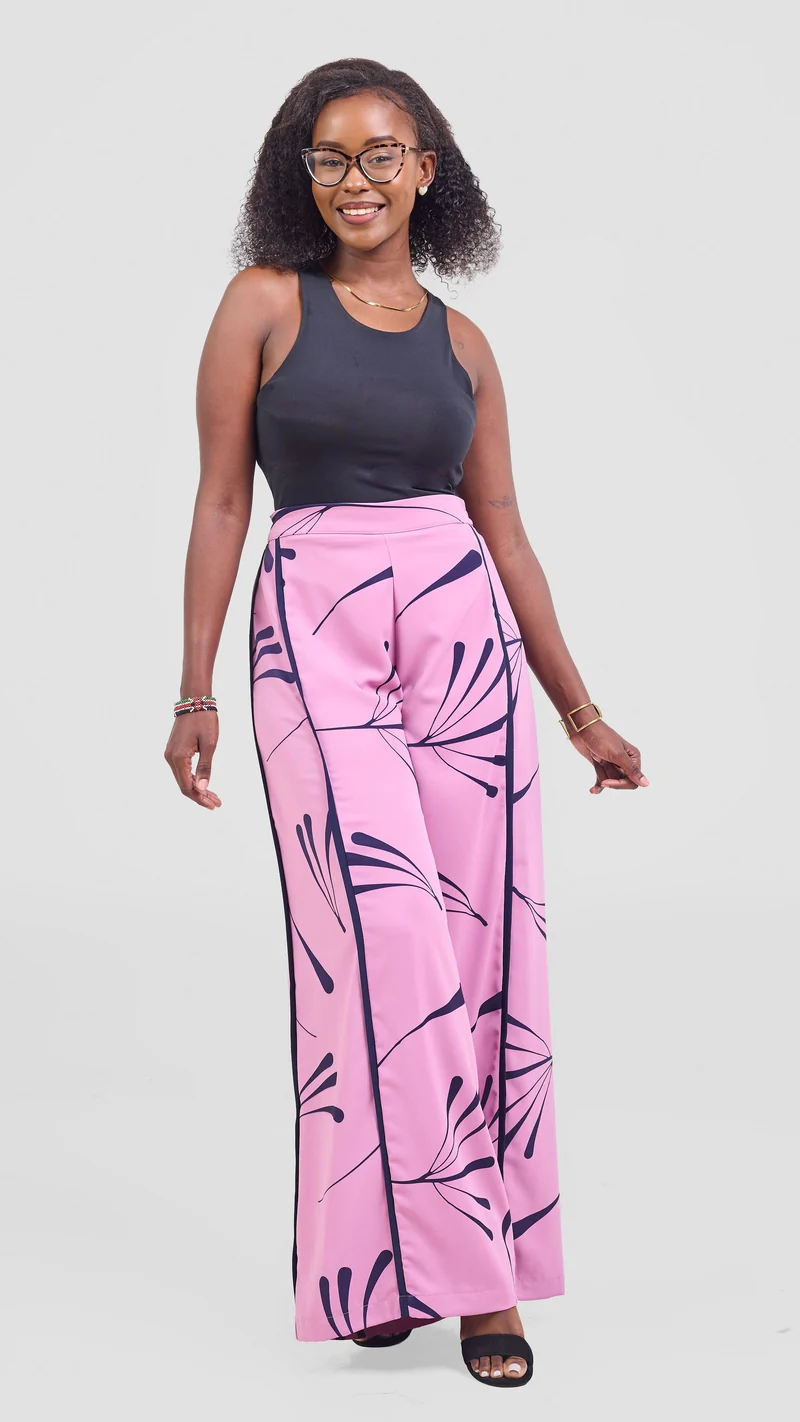 Vivo Nuru Side Panel Wide Leg Pants in Crepe - Dusty Pink / Navy Uru Print