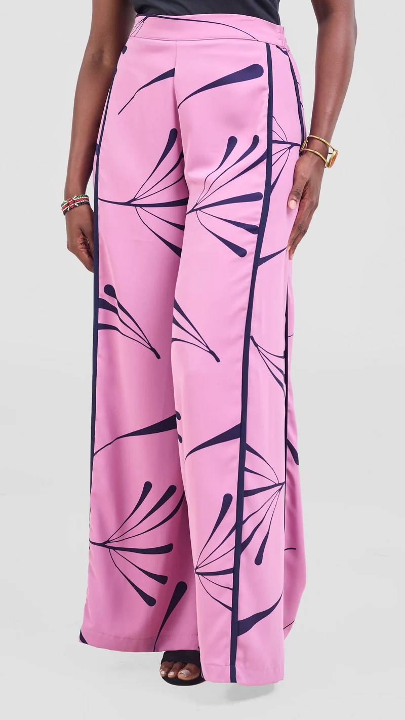 Vivo Nuru Side Panel Wide Leg Pants in Crepe - Dusty Pink / Navy Uru Print