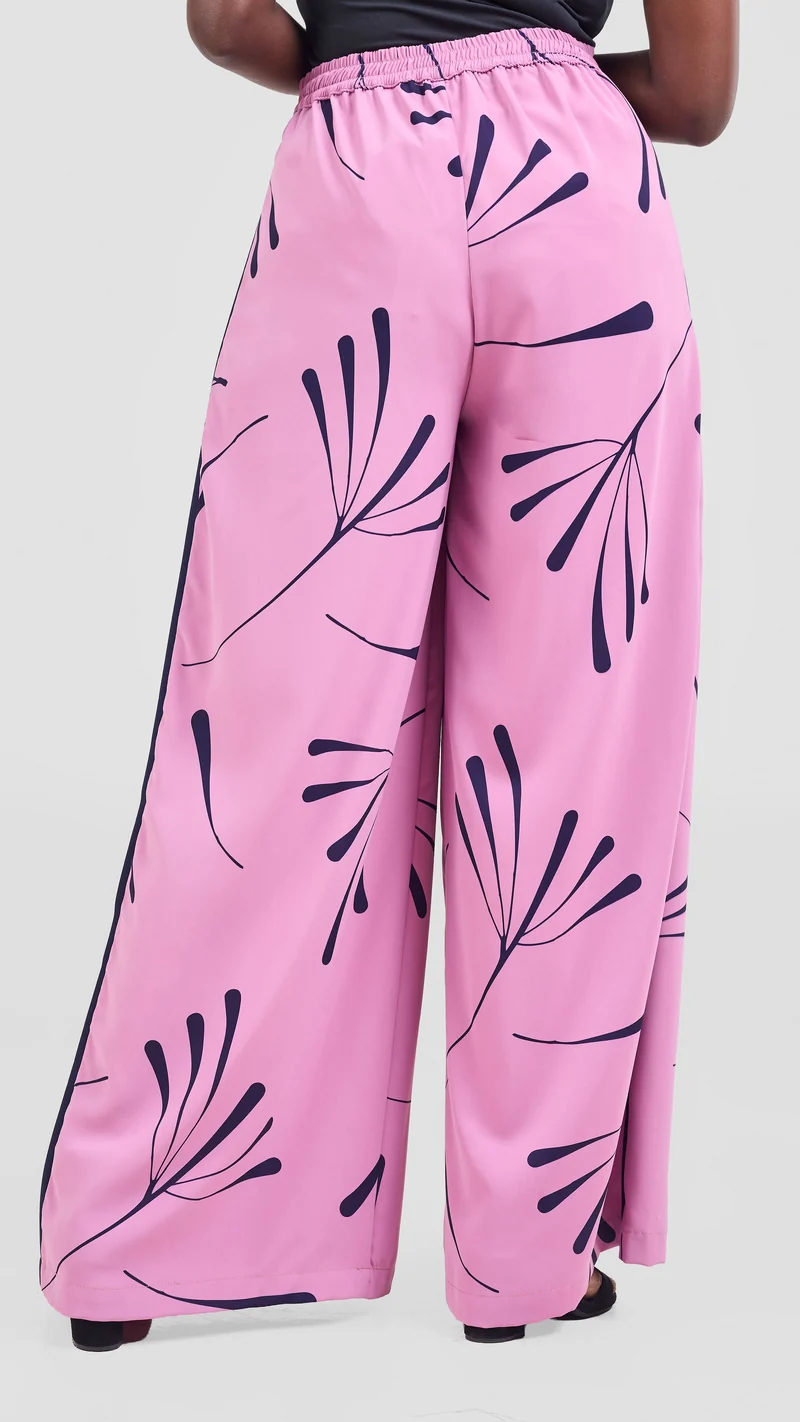 Vivo Nuru Side Panel Wide Leg Pants in Crepe - Dusty Pink / Navy Uru Print