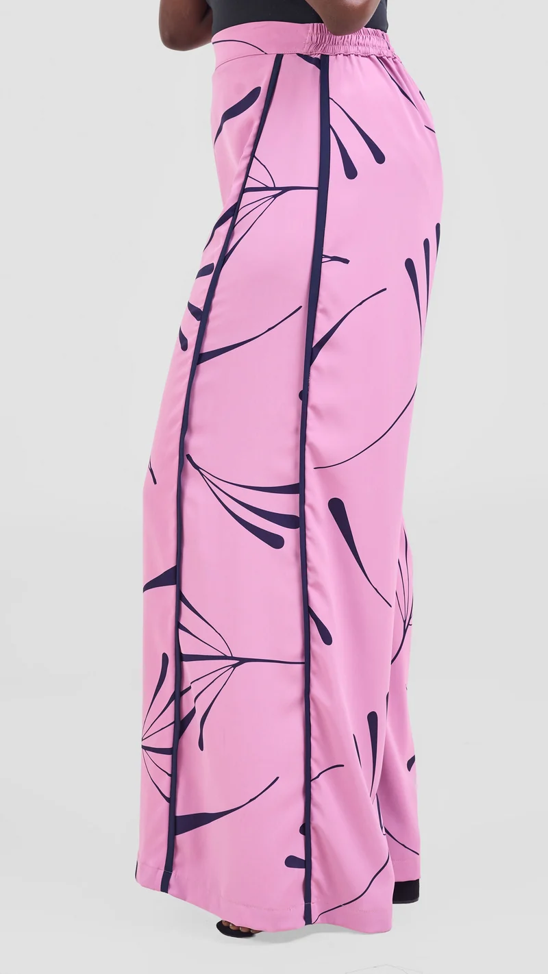 Vivo Nuru Side Panel Wide Leg Pants in Crepe - Dusty Pink / Navy Uru Print