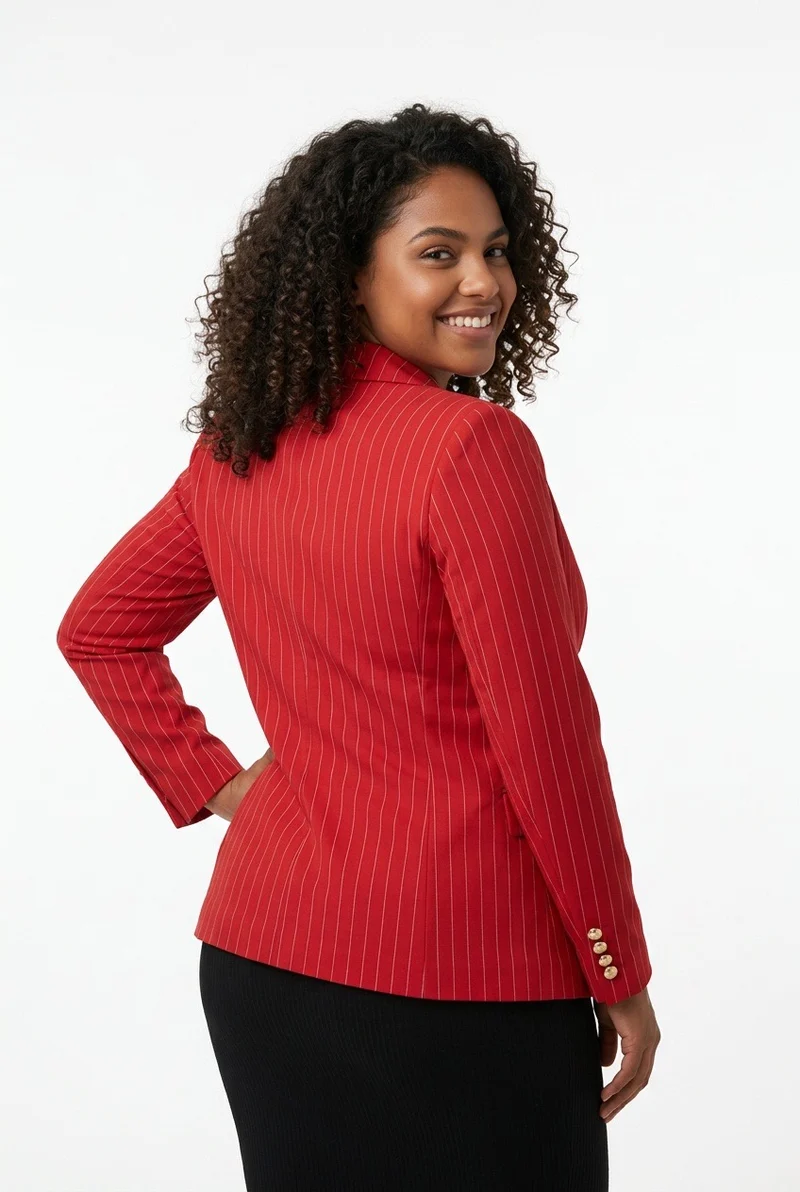 Stylish Sisters Double-Breasted Tailored Blazer with Gold Buttons - Red / White