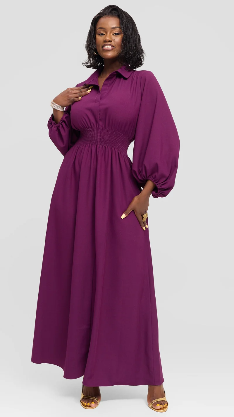 Vivo Bishop Sleeve Shirred Maxi Dress in Crepe - Dark Purple